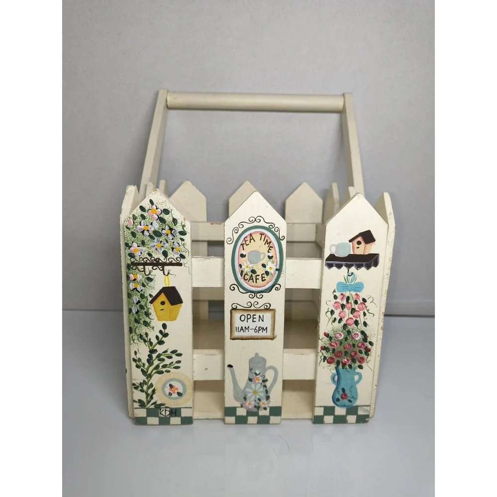 Hand Painted Wooden Picket Fence Basket W Handle Tea Time Cafe ~Storage, Display